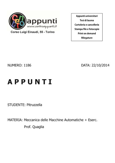 Pitruzzella - Meccanica delle Macchine Automatiche + Eserc.. Prof. Quaglia