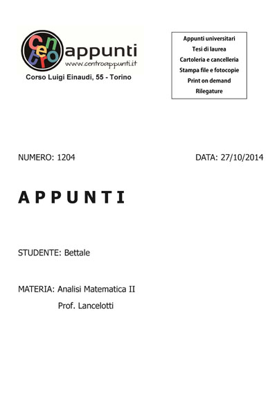 Bettale - Analisi Matematica II.Prof. Lancelotti
