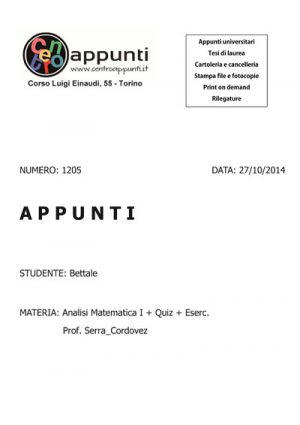 Bettale - Analisi Matematica I + Quiz + Eserc.. Prof. Serra - Cordovez