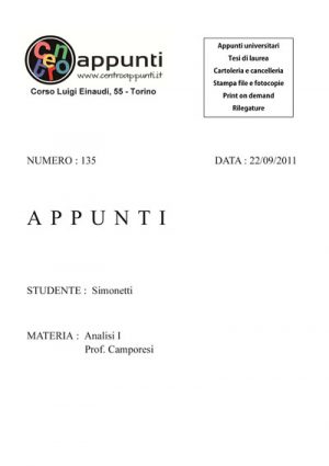 Simonetti - Analisi Matematica I. Prof. Camporesi