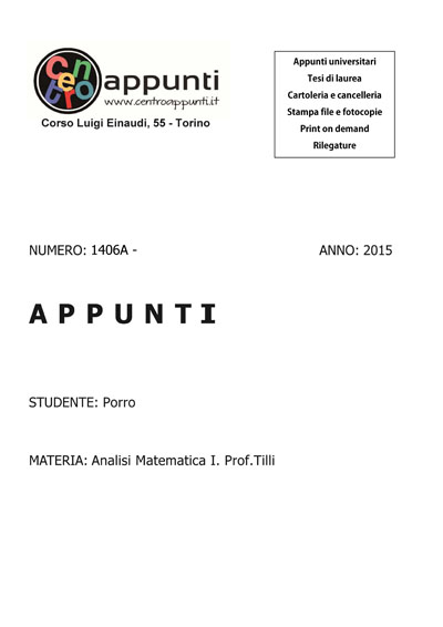 Porro - Analisi Matematica I. Prof. Tilli
