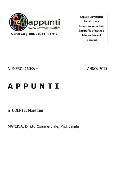 Morettini - Diritto Commerciale. Prof. Sarale
