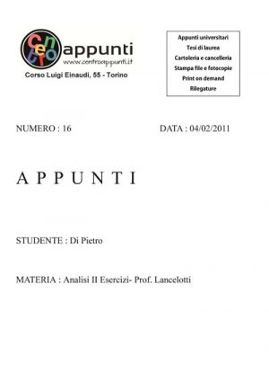 Di Pietro - Analisi Matematica II Esercizi. Prof. Lancellotti