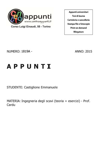Castiglione Emmanuele - Ingegneria degli scavi (teoria + esercizi) - Prof. Cardu