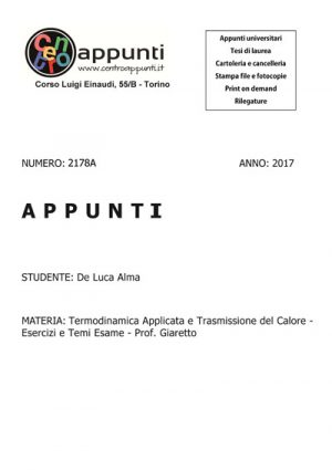 De Luca Alma  - Termodinamica Applicata e Trasmissione del Calore - Esercizi e Temi Esame - Prof. Giaretto