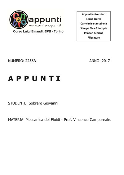 Sobrero Giovanni - Meccanica dei Fluidi - Prof. Vincenzo Camporeale