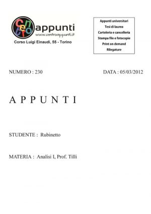 Rubinetto - Analisi Matematica I. Prof. Tilli