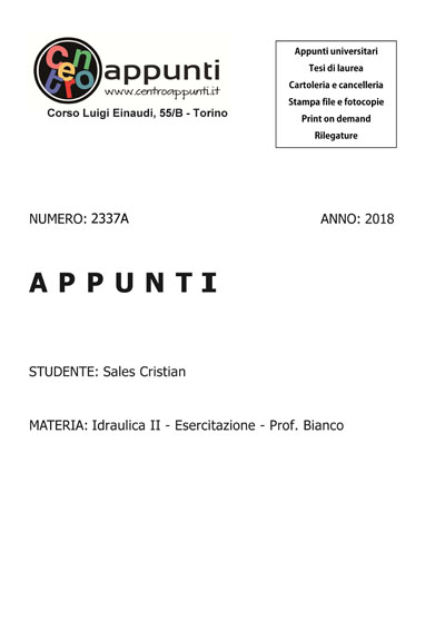 Sales Cristian  - Idraulica II - Esercitazione - Prof. Bianco