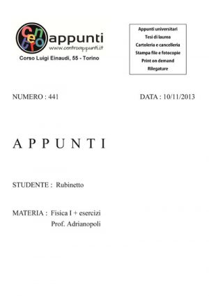 Rubinetto - Fisica I + esercizi. Prof. Adrianopoli