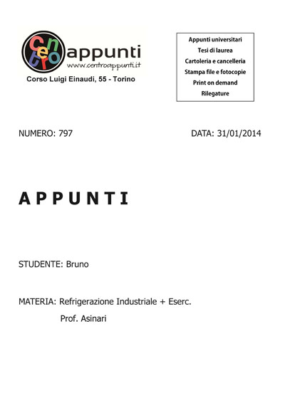 Bruno - Refrigerazione Industriale + Eserc.. Prof. Asinari