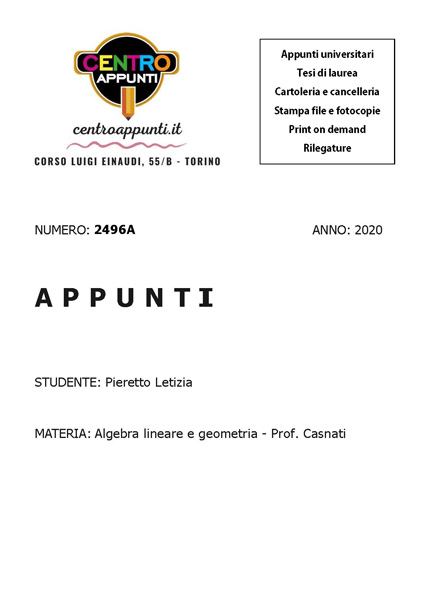 Pieretto Letizia - Algebra lineare e geometria - Prof. Casnati