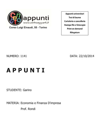 Garino - Economia e Finanza D'impresa. Prof. Rondi
