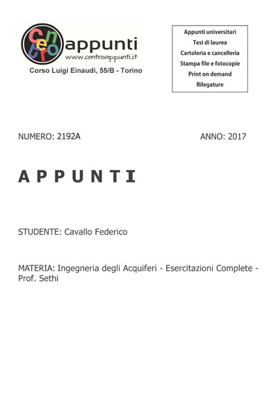 Cavallo Federico  - Ingegneria degli Acquiferi - Esercitazioni Complete - Prof. Sethi