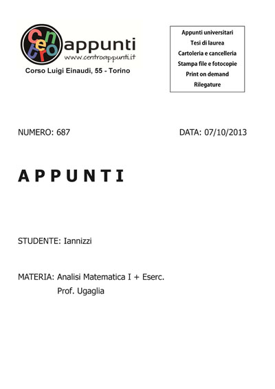 Iannizzi - Analisi Matematica I. Prof. Ugaglia
