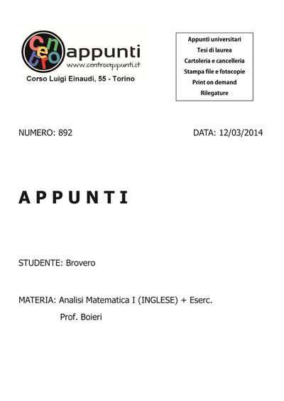 Brovero - Analisi Matematica I (INGLESE) + Eserc.. Prof. Boieri
